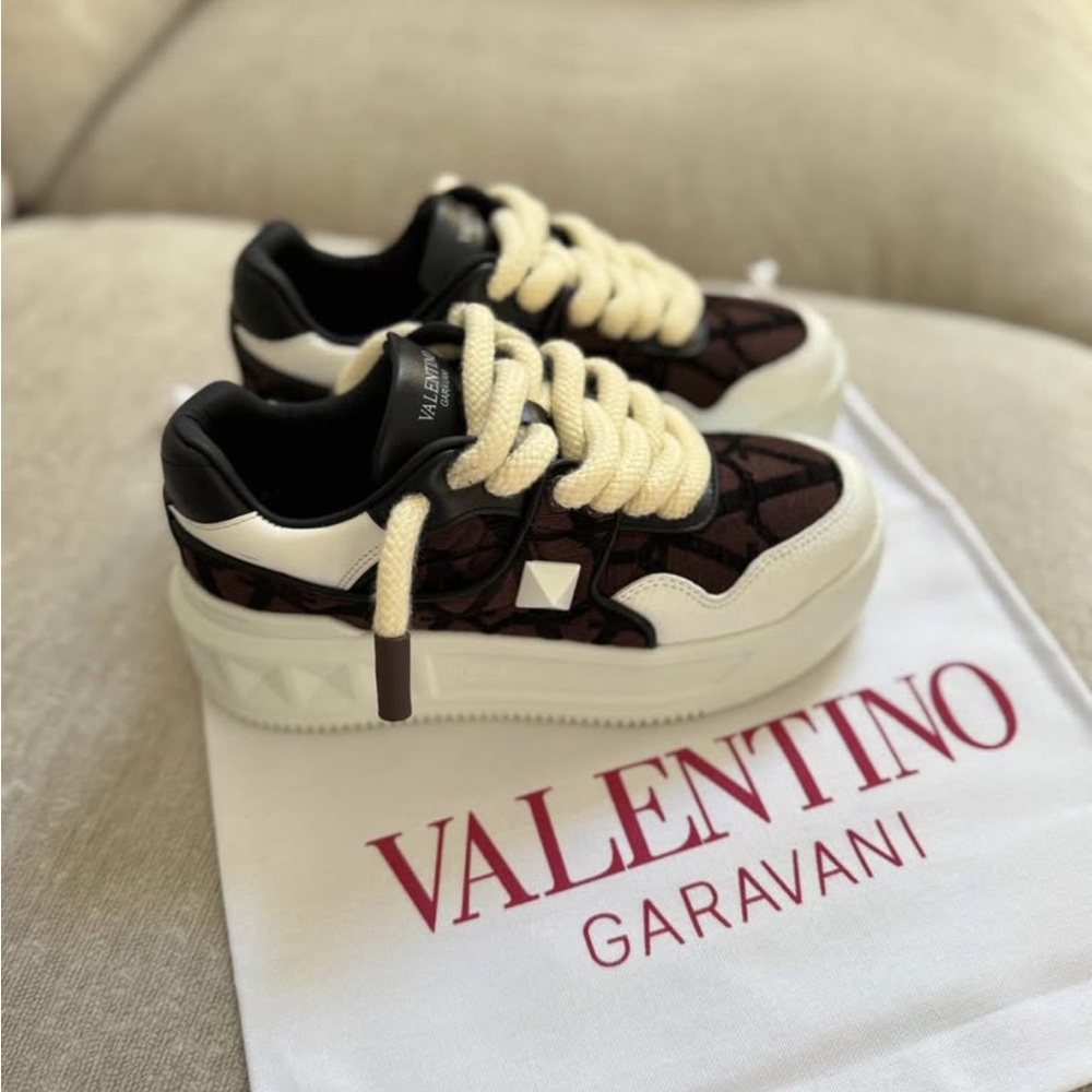 Valentino Garavani Women's Black and White Sneakers with Brown Accents